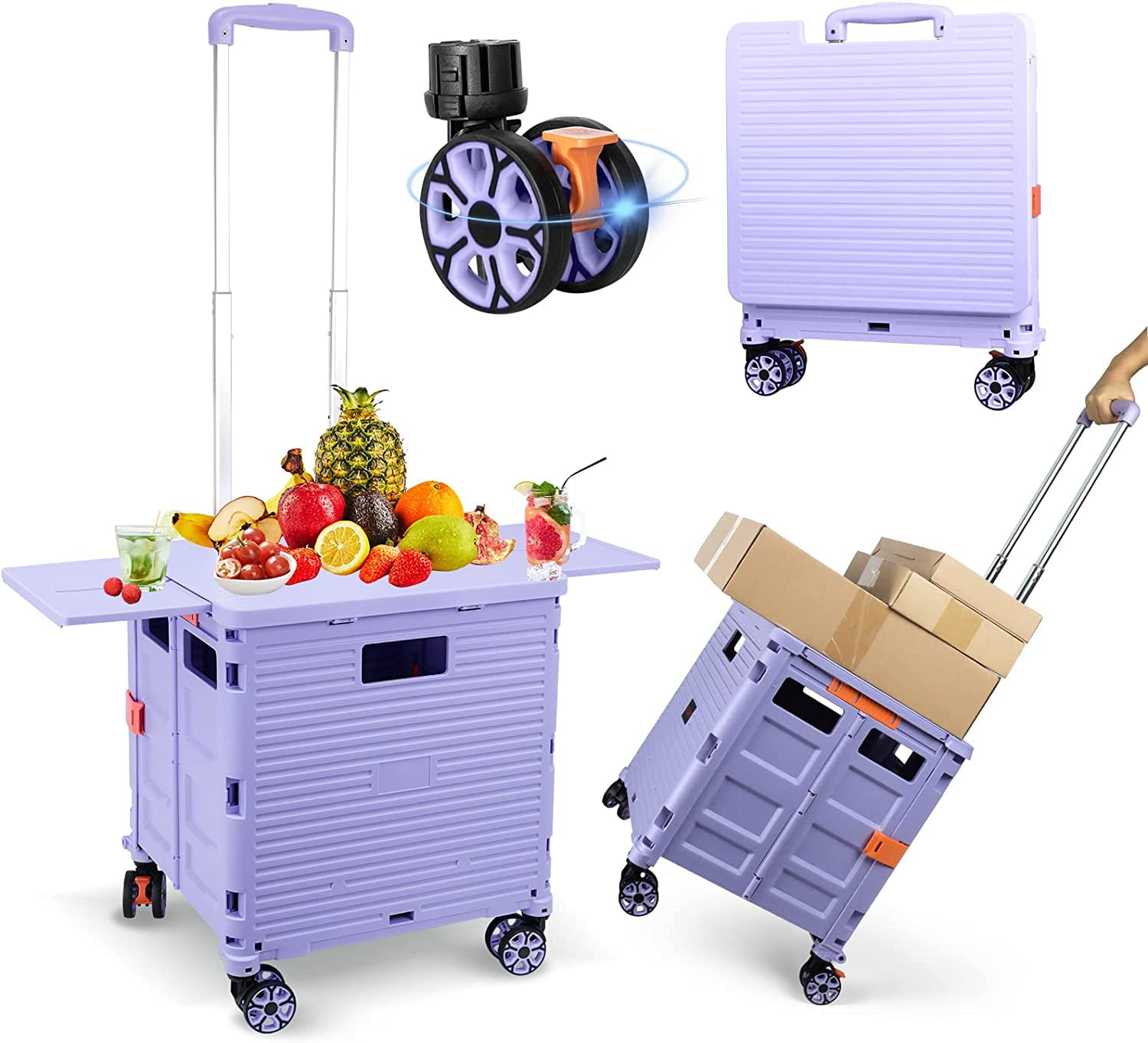 Folding Utility Cart Portable Rolling Crate Handcart with Magnetic Sliding Lid Telescoping Handle Heavy Duty Plastic Box Dolly 360Swivel Wheels for Travel Shopping Move Office Use(Purple Pro)