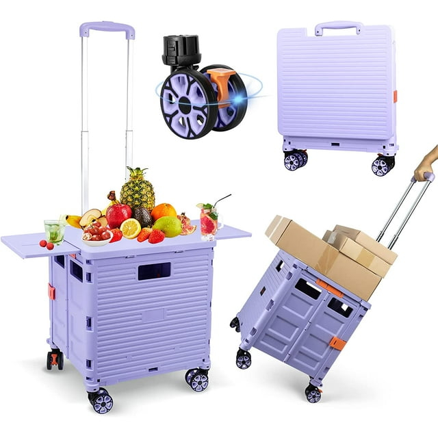 Folding Utility Cart Portable Rolling Crate Handcart with Magnetic Sliding Lid Telescoping Handle Heavy Duty Plastic Box Dolly 360Swivel Wheels for Travel Shopping Move Office Use(Purple Pro)