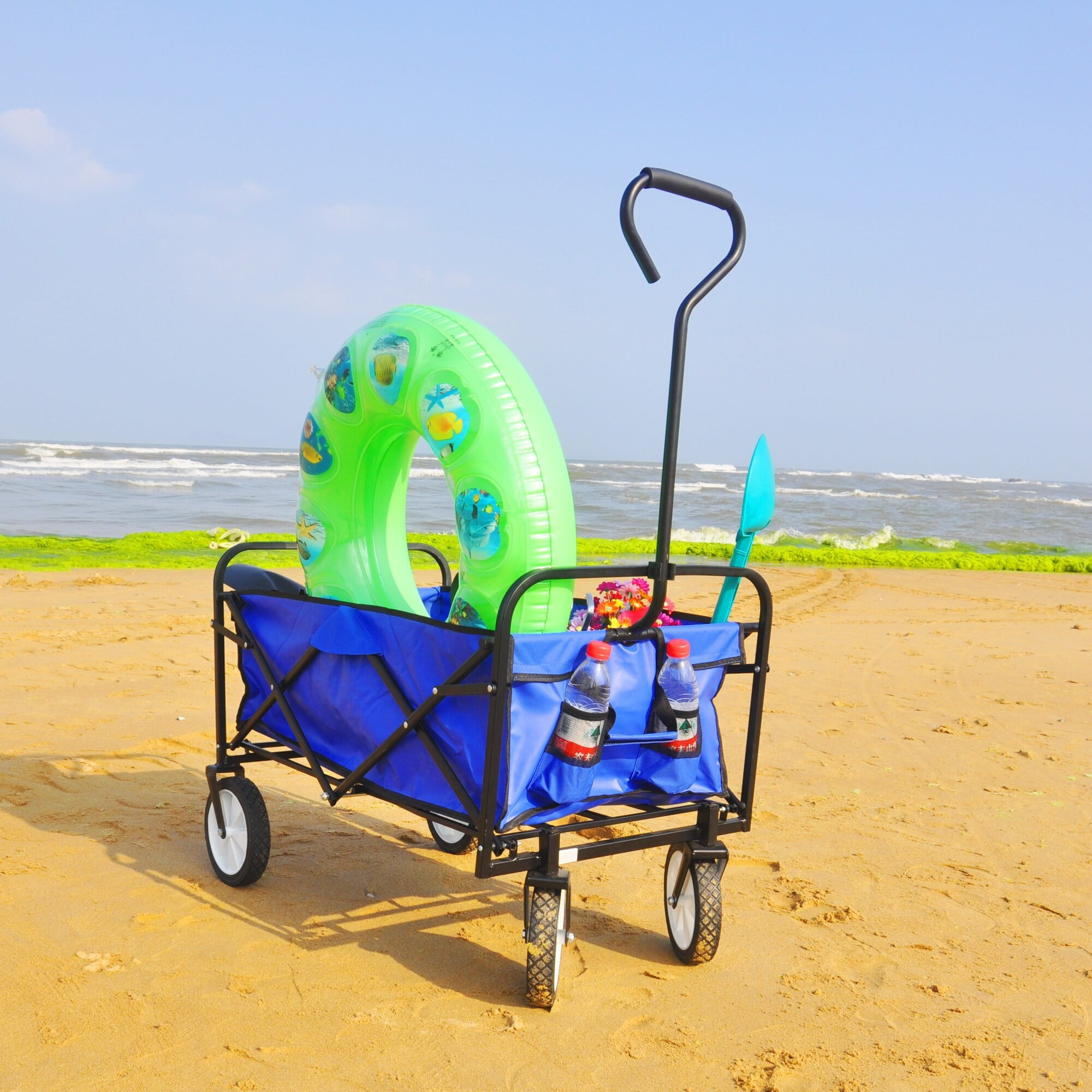 Folding Wagon Cart Collapsible Utility Camping Grocery Canvas Portable - 40.5"L X 21.26"D X 46.46"H Blue