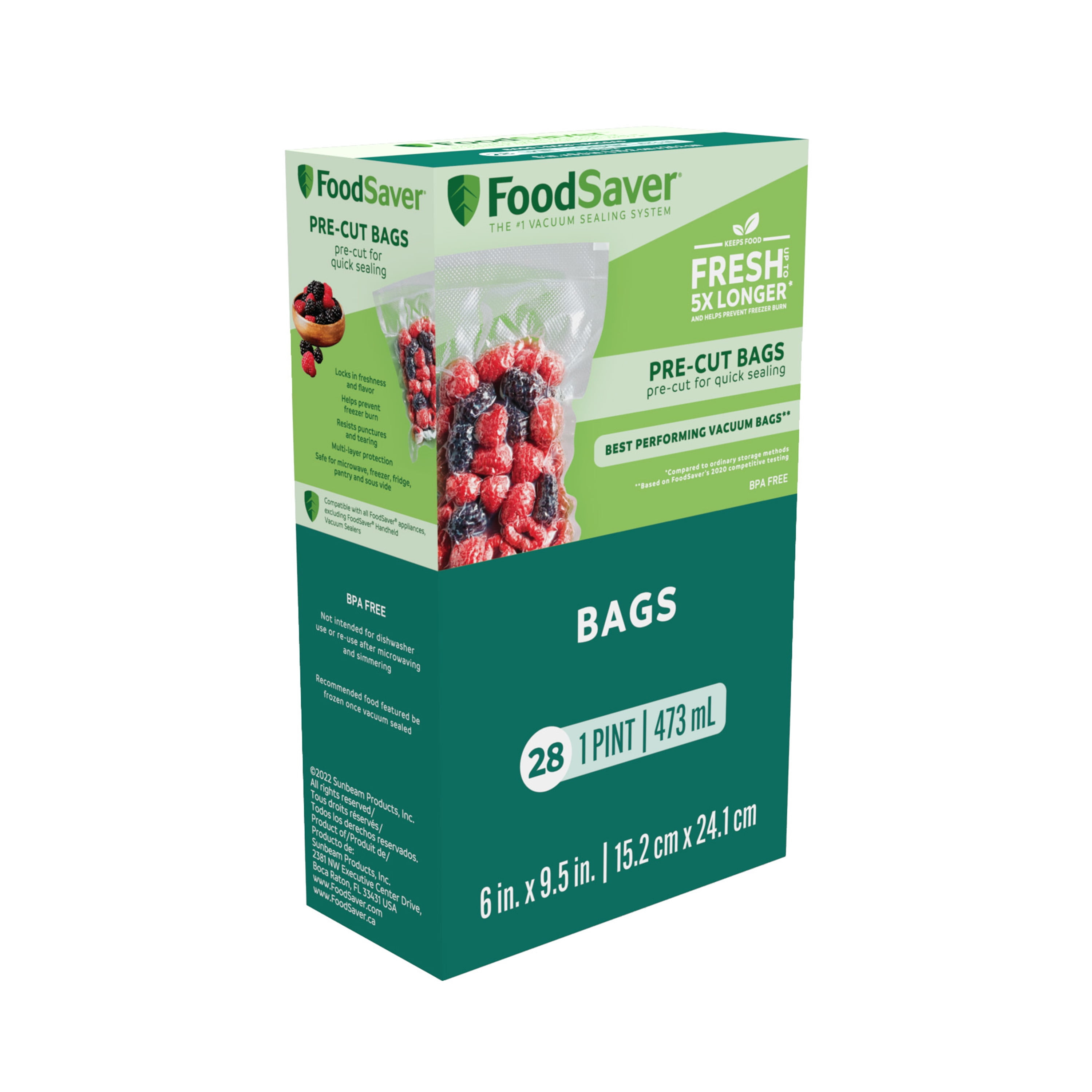 FoodSaver Pre-Cut Vacuum Seal Bags, 1 Pint, 6" x 9.5", 28 Count