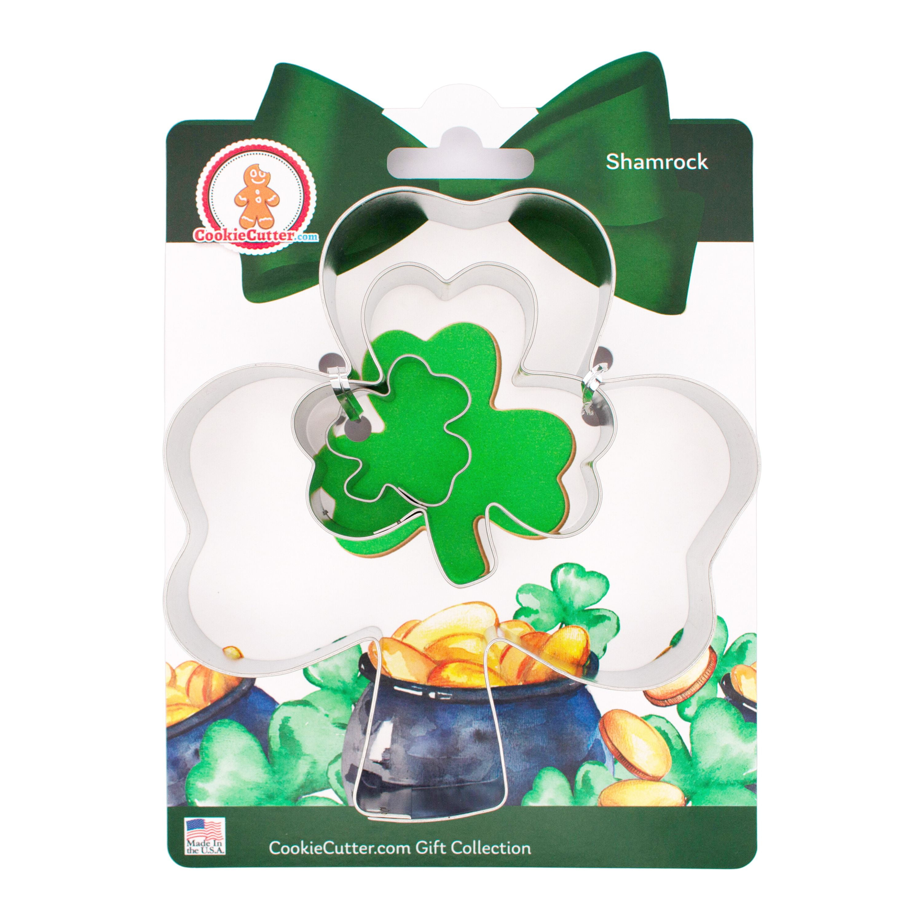Foose Cookie Cutters Shamrock Cookie Cutter 3 Piece Set, Hang Tag Cookie Recipe Card, USA