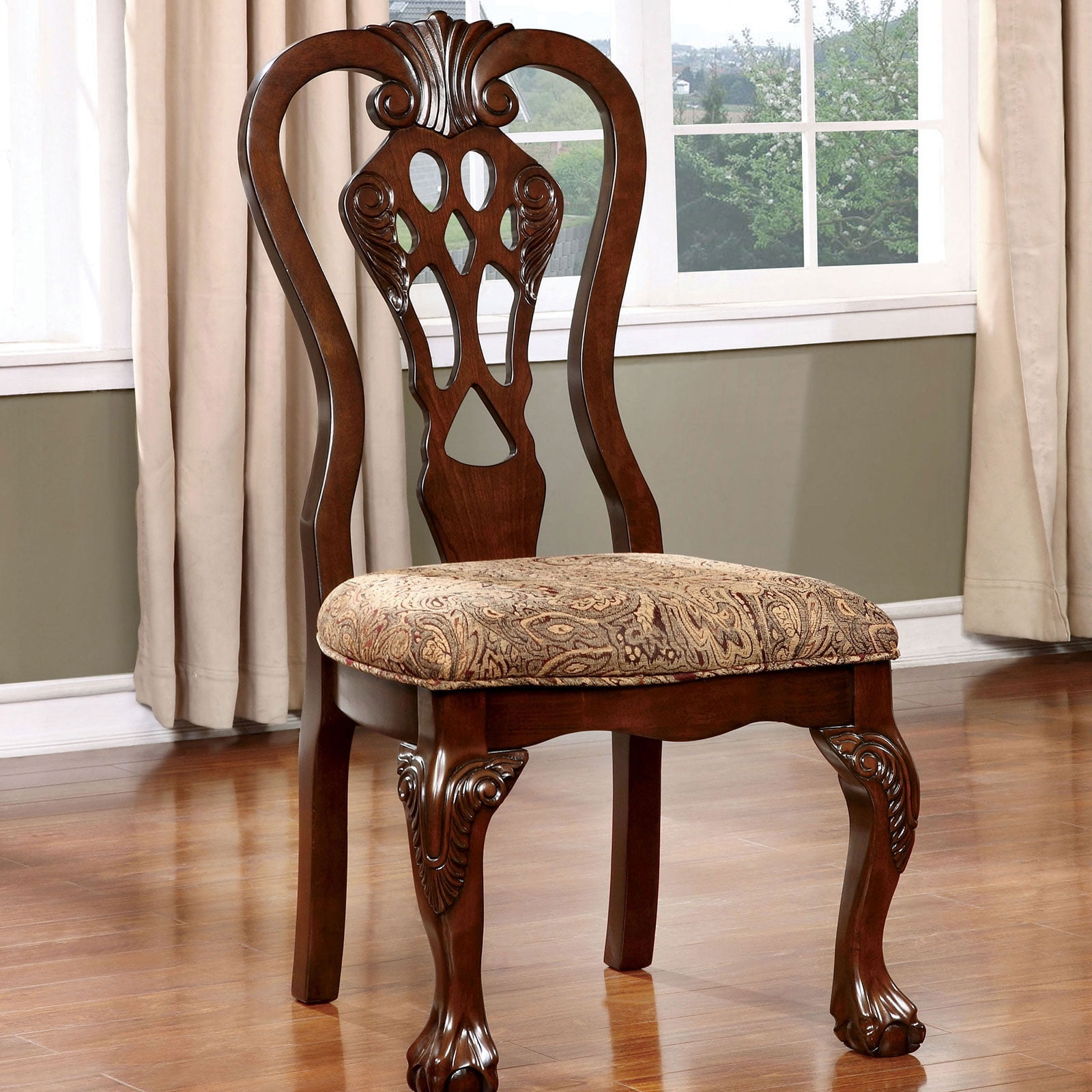 Formal Cherry Solid Wood Dining Chairs with Damask Print Fabric Seats and Intricate Back Design - Set of 2 Side Chairs