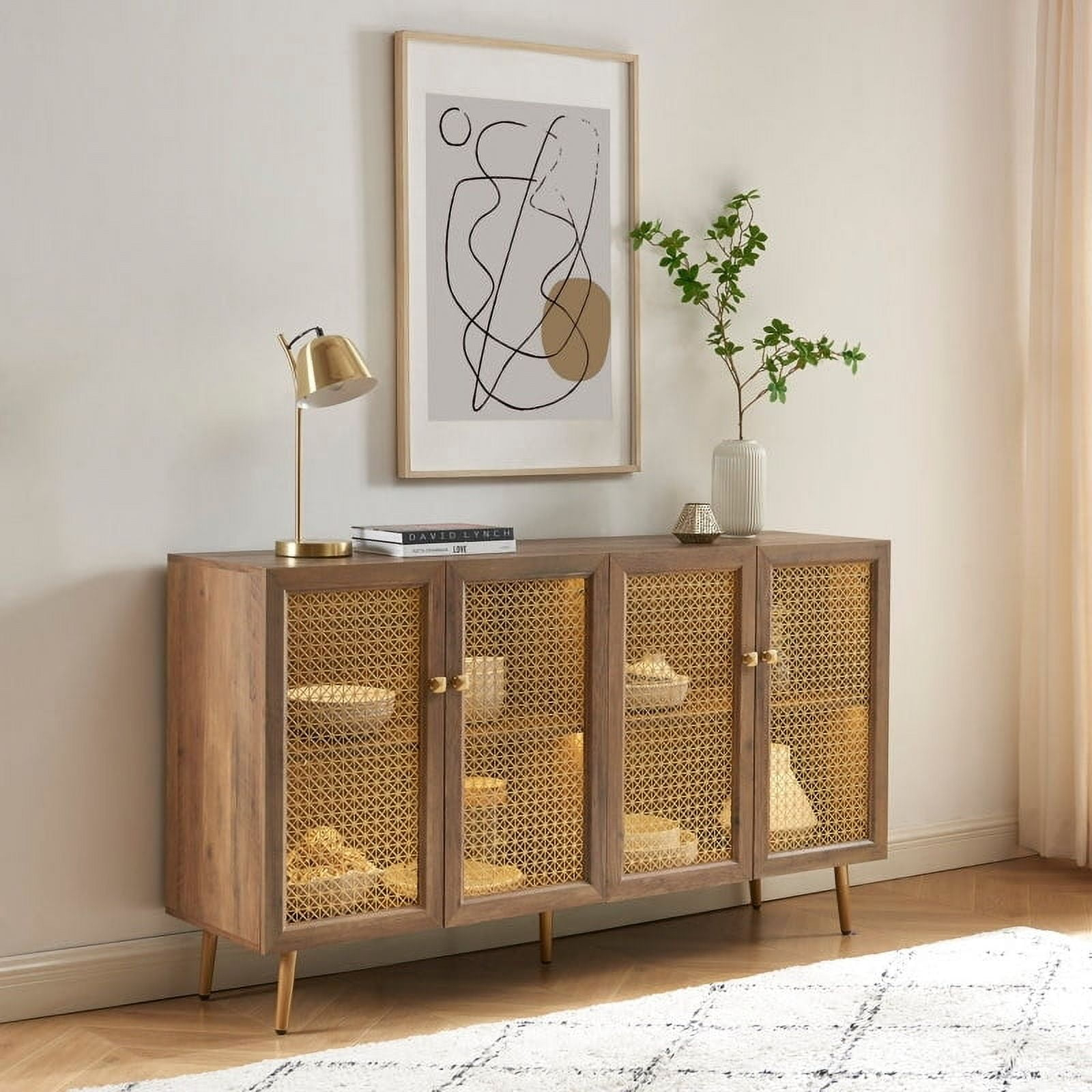 61.7''W Four Door Wood Buffets and Sideboards Storage Cabinet with LED Light Rustic Oak