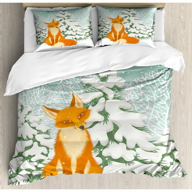 Fox Duvet Cover Set Queen Size, Red Fox Sitting in Winter Forest Snow Covered Pine Trees Xmas Cartoon, Decorative 3 Piece Bedding Set with 2 Pillow Shams, Orange White Almond Green, by Ambesonne
