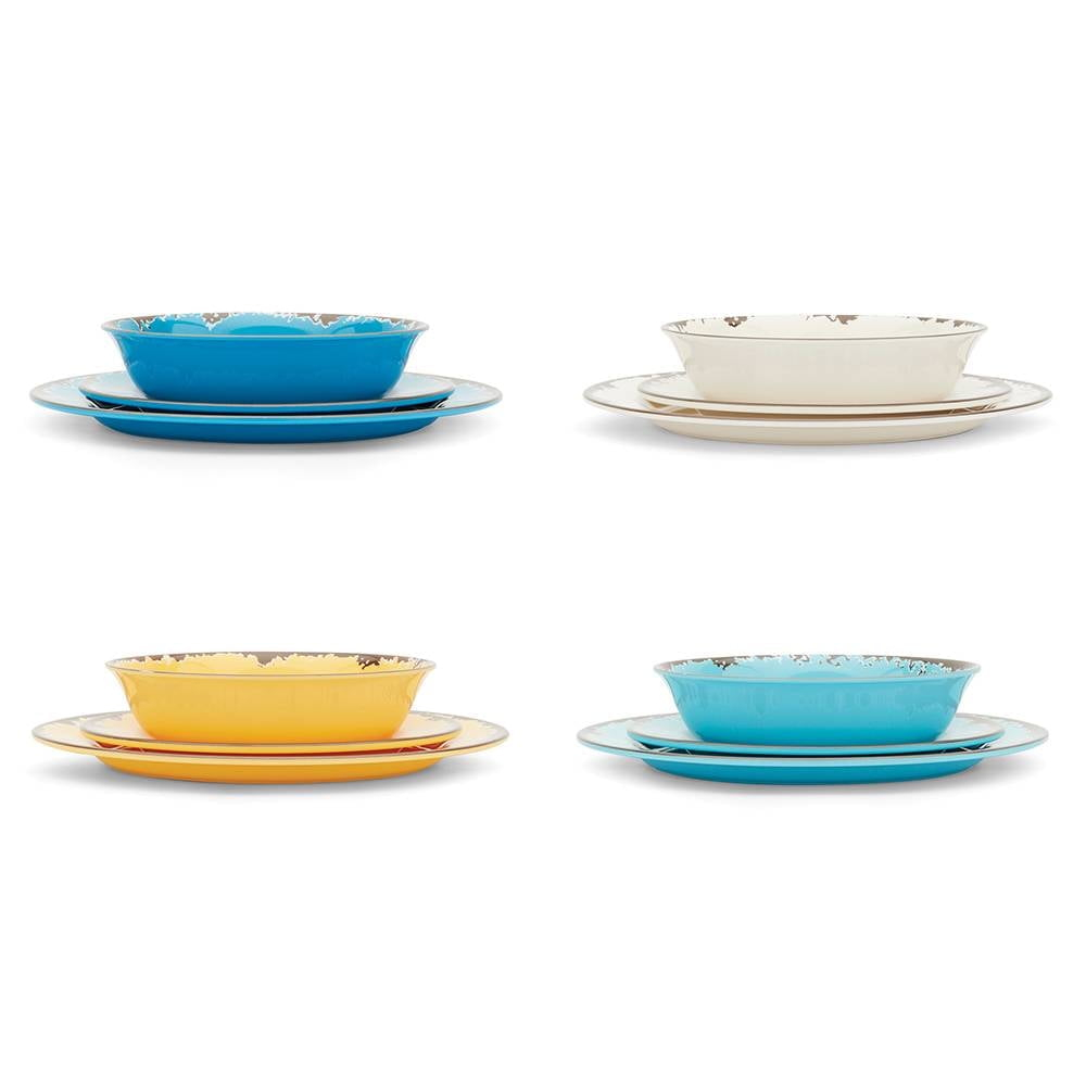 Fox Run Melamine Dinnerware Set, Off White, Dandelion Yellow, Sky Blue and Cornflower Blue, Set of 12
