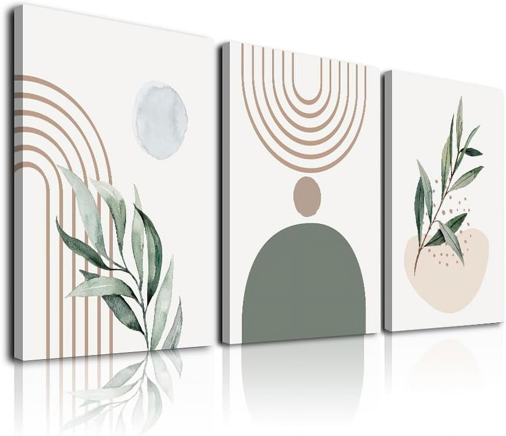 Boho Wall Art, Mid Century Modern Wall Art, Set of 3 Framed Canvas Wall Art Prints 12"x16" Abstract Geometric Neutral Sage Green Boho Artwork Wall Decor for Bedroom Living Room Bathroom