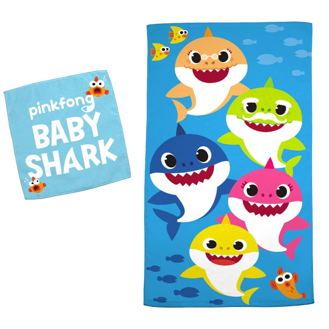 Franco Kids Bath and Beach Soft Cotton Terry Towel with Washcloth Set, 25" x 50", Baby Shark