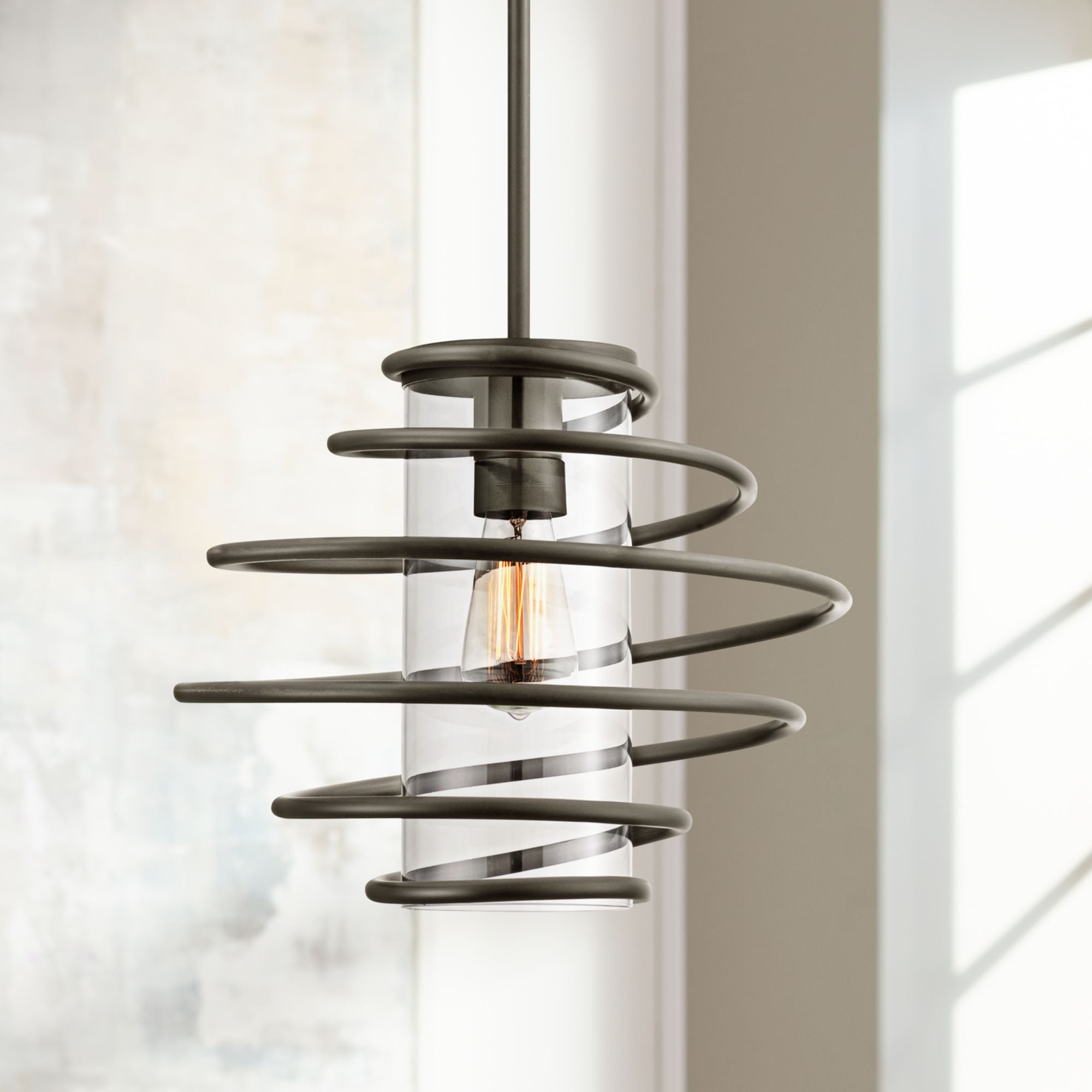 Franklin Iron Works Black Pendant 14 1/2" Wide Modern Industrial Swirl Frame Clear Glass Shade Fixture for Dining Room Living House Kitchen Island