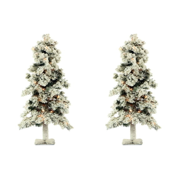 Fraser Hill Farm Set of Two 2-Ft. Snowy Alpine Artificial Trees with Clear Lights