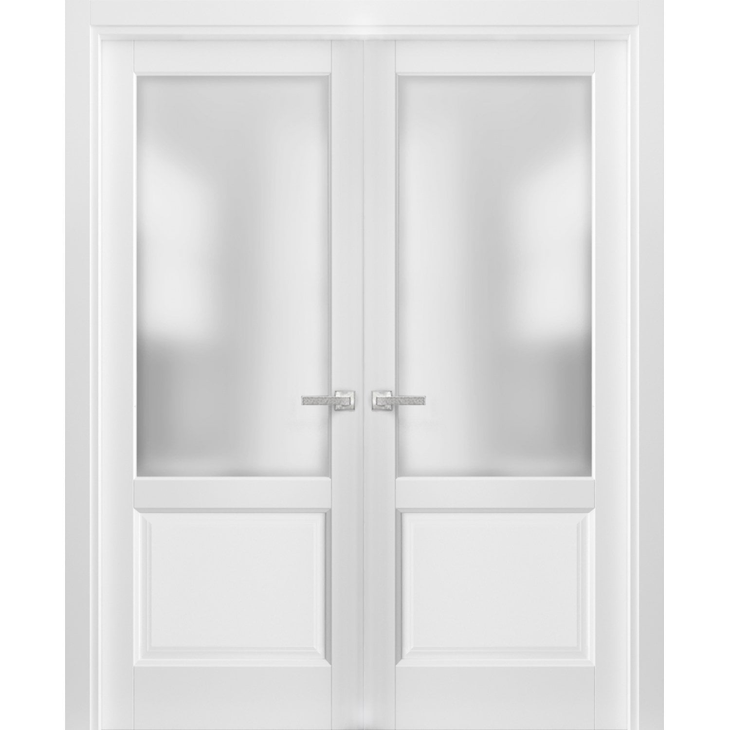 French Double Panel Lite Doors with Hardware | Lucia 22 White Silk with Frosted Opaque Glass | Panel Frame Trims | Bathroom Bedroom Interior Sturdy Door-36" x 84" (2* 18x84)