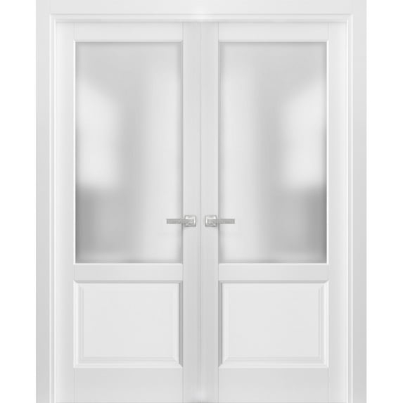 French Double Panel Lite Doors with Hardware | Lucia 22 White Silk with Frosted Opaque Glass | Panel Frame Trims | Bathroom Bedroom Interior Sturdy Door-36" x 84" (2* 18x84)