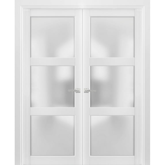 French Double Panel Lite Doors with Hardware | Lucia 2552 White Silk with Opaque Glass | Panel Frame Trims | Bathroom Bedroom Interior Sturdy Door