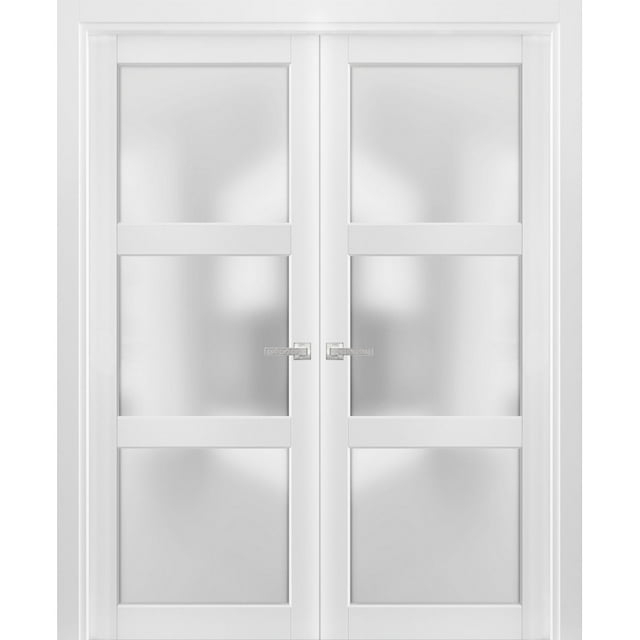 French Double Panel Lite Doors with Hardware | Lucia 2552 White Silk with Opaque Glass | Panel Frame Trims | Bathroom Bedroom Interior Sturdy Door
