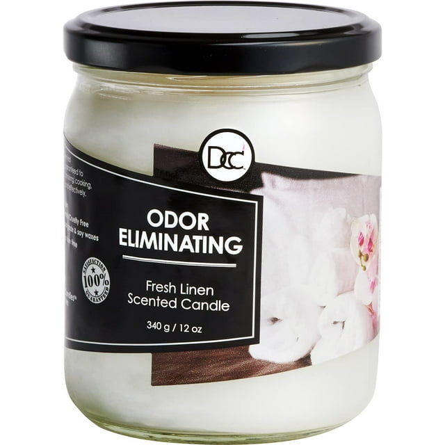 Fresh Linen Odor Eliminating Highly Fragranced Candle - Eliminates 95% of Pet, Smoke, Food, and Other Smells Quickly - Up to 80 Hour Burn time - 12 Ounce Premium Soy Blend
