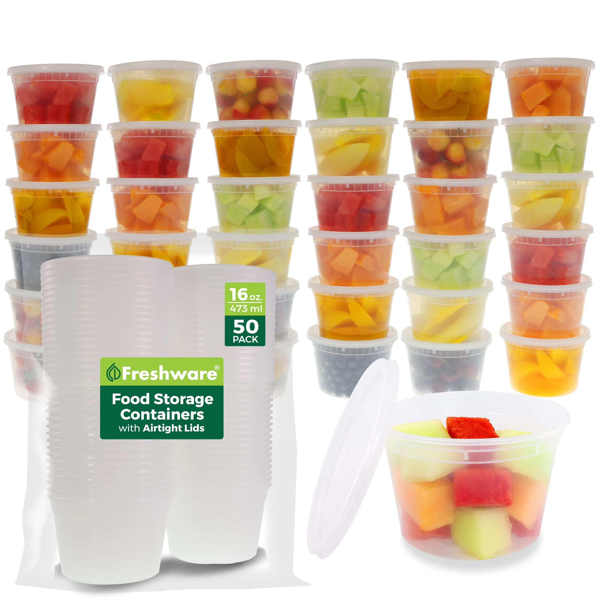 Freshware Food Storage Containers [50 Set] 16 oz Plastic Deli Containers with Lids, Slime, Soup, Meal Prep Containers | BPA Free | Stackable | Leakproof | Microwave/Dishwasher/Freezer Safe C30