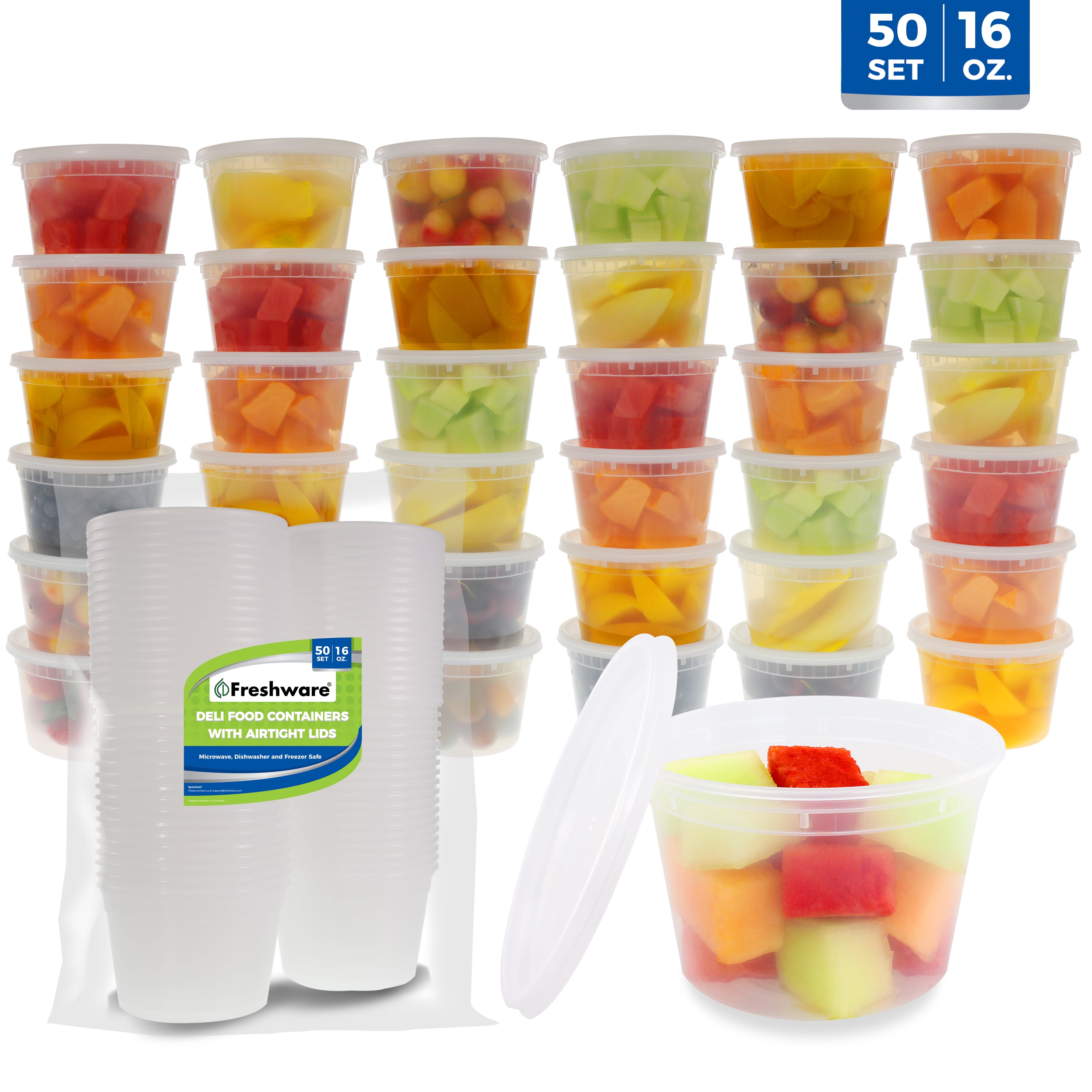 Freshware Food Storage Containers [50 Set] 16 oz Plastic Deli Containers with Lids, Slime, Soup, Meal Prep Containers | BPA Free | Stackable | Leakproof | Microwave/Dishwasher/Freezer Safe C30