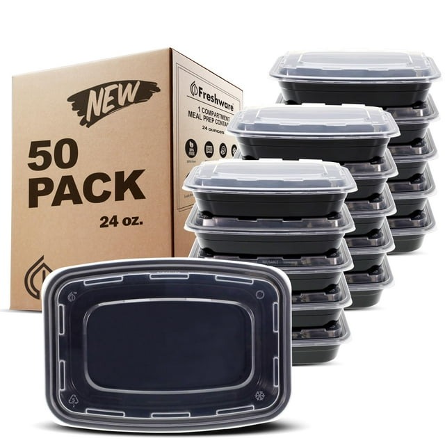 Freshware Meal Prep Containers [50 Pack] 1 Compartment with Lids, Food Storage Containers, Bento Box, BPA Free, Stackable, Microwave/Dishwasher/Freezer Safe (24 oz) C30