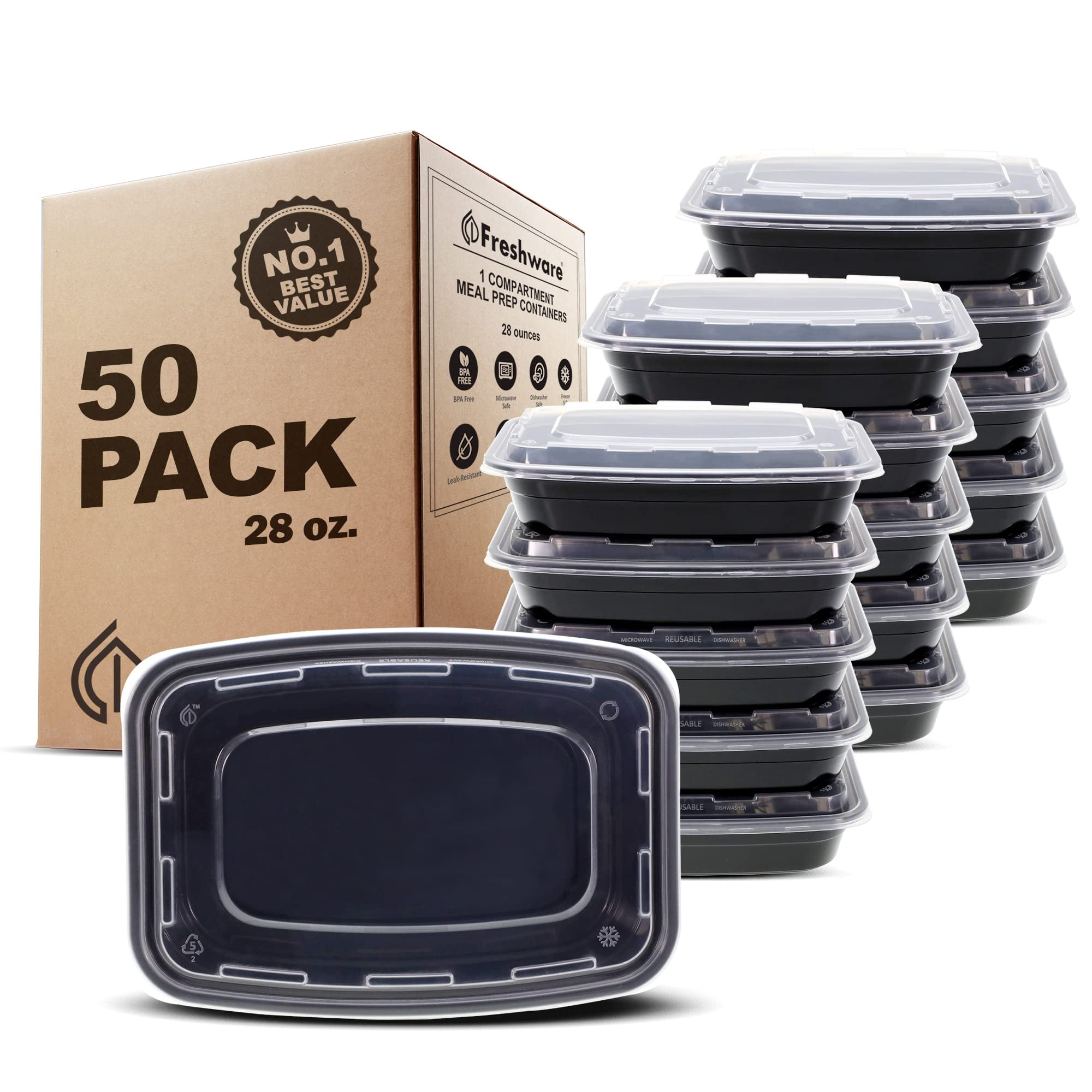 Freshware Meal Prep Containers [50 Pack] 1 Compartment with Lids, Food Storage Containers, Bento Box, BPA Free, Stackable, Microwave/Dishwasher/Freezer Safe (24 oz) C30