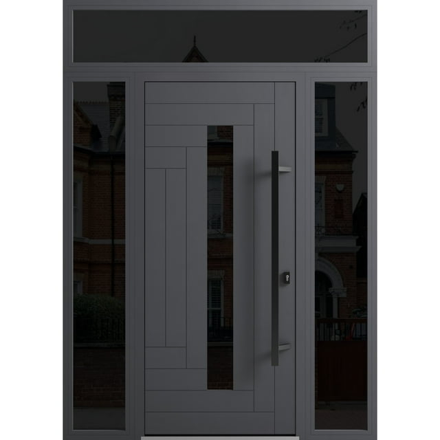 Front Exterior Prehung Steel Door / Ronex 0130 Grey / 2 Side and Top Exterior Window Sidelite / Entry Metal Modern Painted W14+36+14" x H80+16" Left hand Inswing