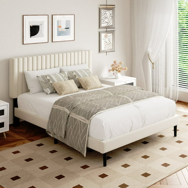 Full Bed Frame with Velvet Upholstered Headboard and Solid Wood Slats, Box Spring Optional, Mattress Base, Easy to Assemble, Beige