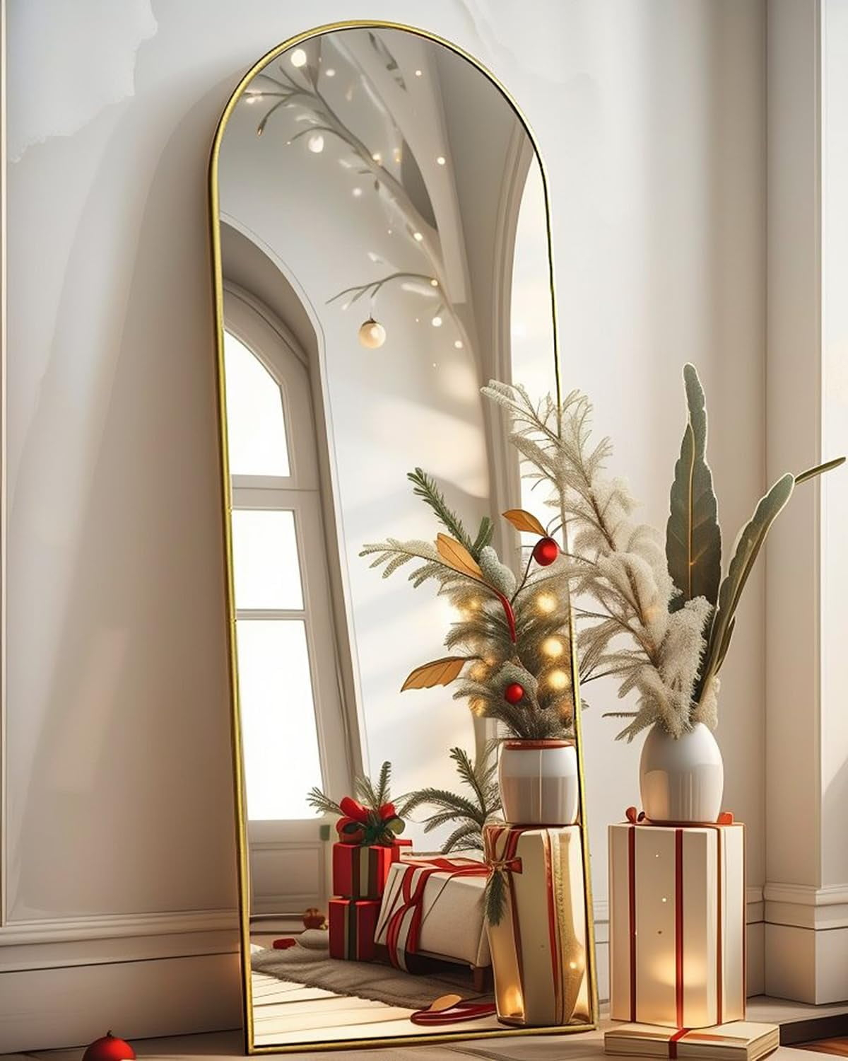 Antok Arched Full Length Mirror, 58"x18" Floor Mirror Freestanding, Floor Standing Mirror Full Body Mirror with Stand for Bedroom, Hanging Mounted Mirror for Living Room Cloakroom,Gold