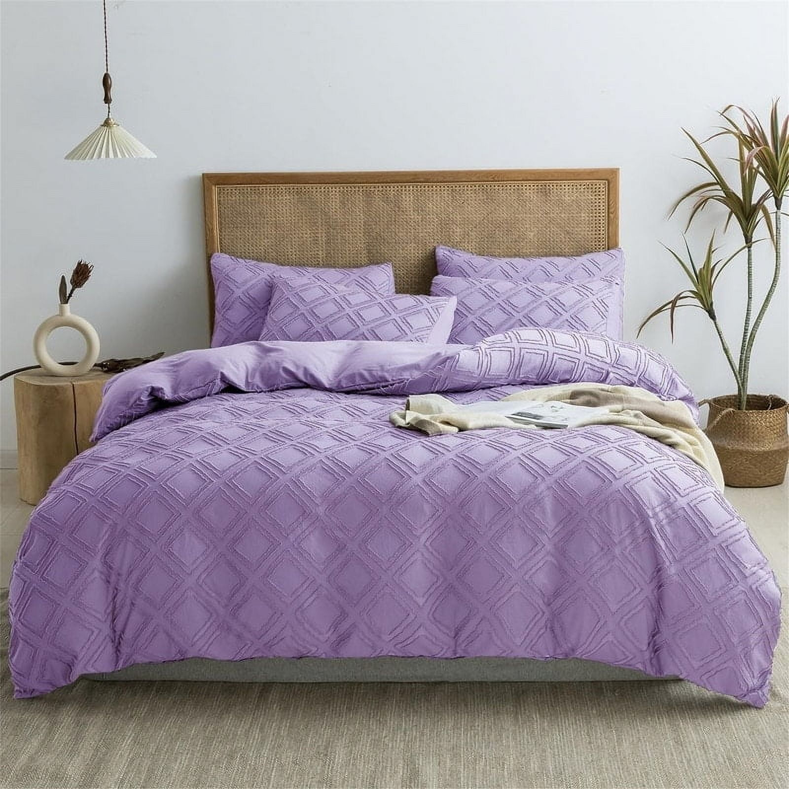 Full Size - 3 PCS Microfiber Tufted Duvet Cover Set Light Purple