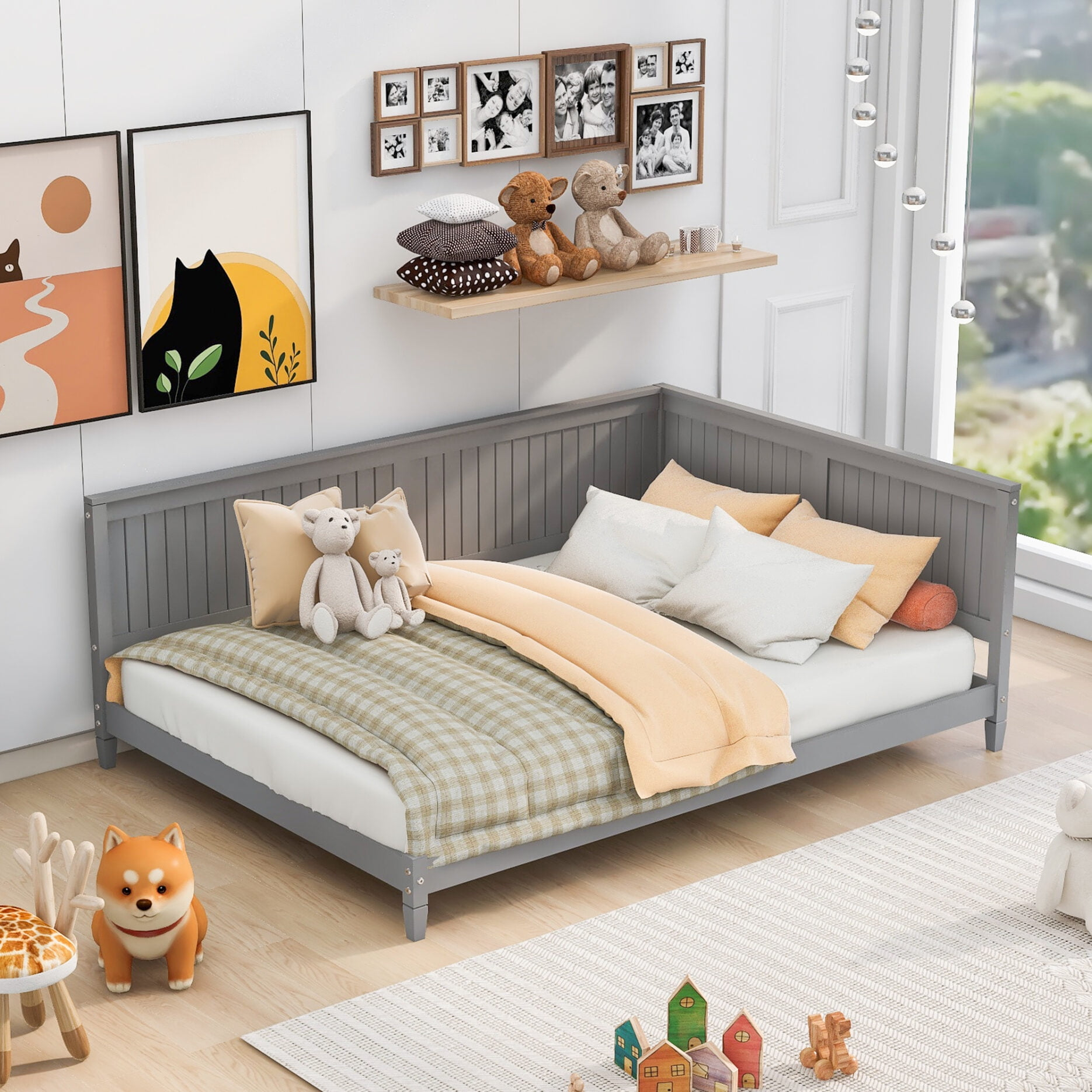 Full Bed Frame, Wooden Daybed Sofa Bed Frame with Sturdy Slats Support, Full Size Platform Bed for Bedroom, Living Room, Gray