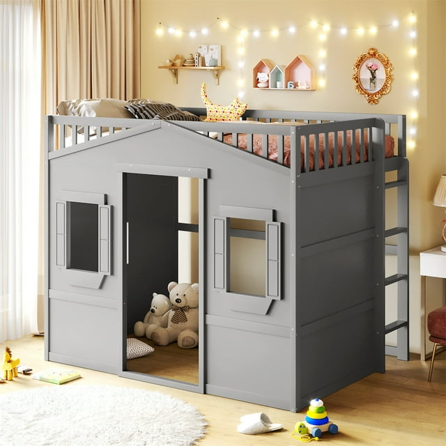 Full Size House Loft Bed Frame, Wooden House Shaped Bed Frame with Ladder, Windows and Safety Guardrails, Playhouse Loft Bed Frame for Bedroom Guest Room Dorm Apartment, Gray