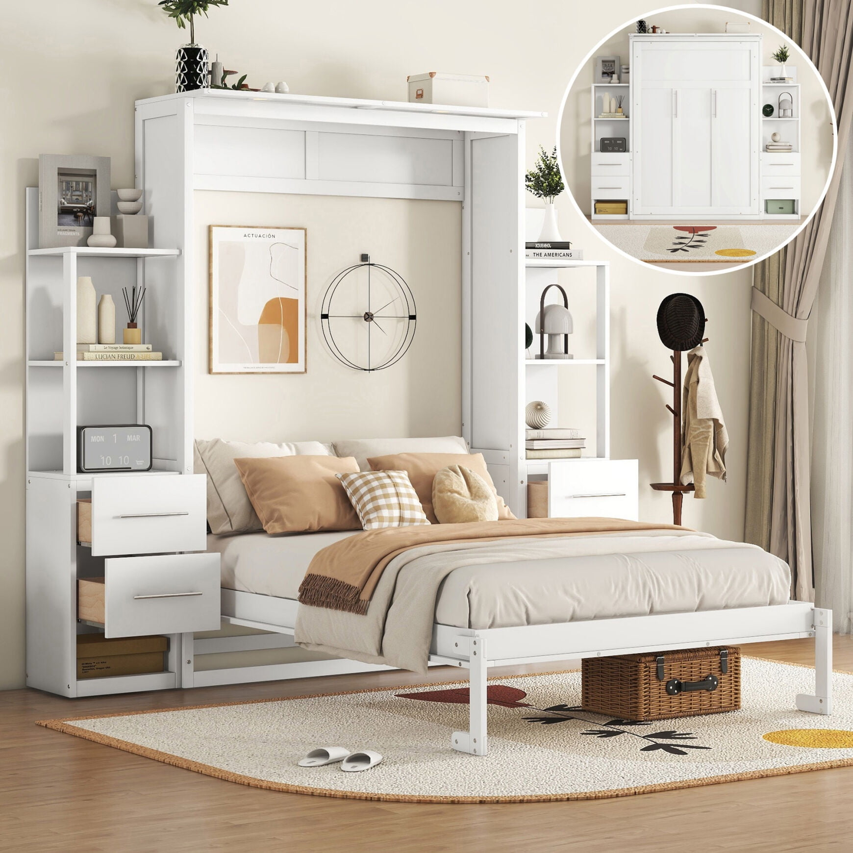 Full Size Murphy Bed, Transformable Bed Frame with Both Side Shelves, Drawers, Space-Saving Bed for Children, Teens, Adults, Noise-Free, No Box Spring Need, White
