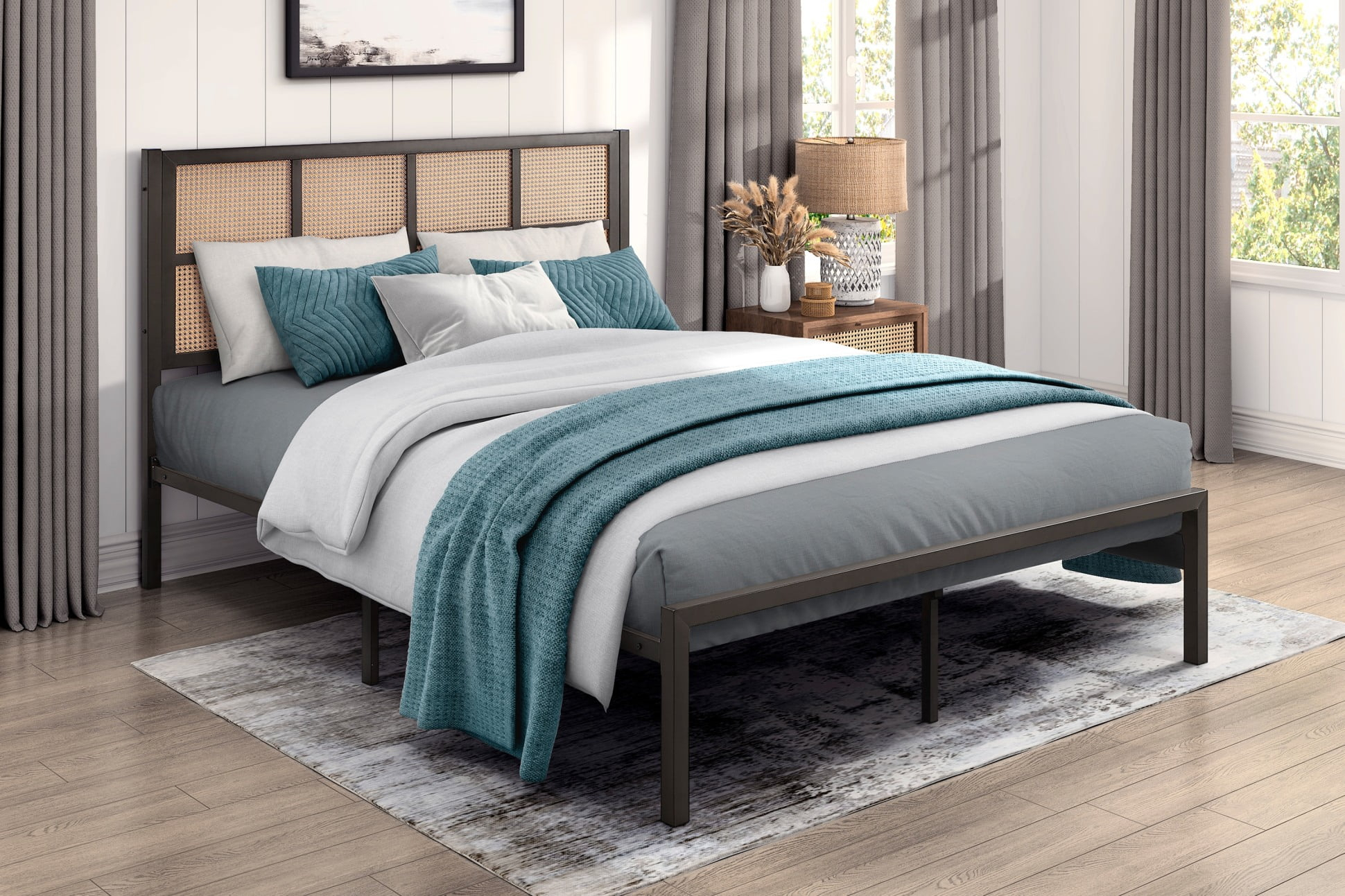 Full Size Platform Bed,Rattan Bed Frame with Headboard,No Box Spring Needed, Bronze