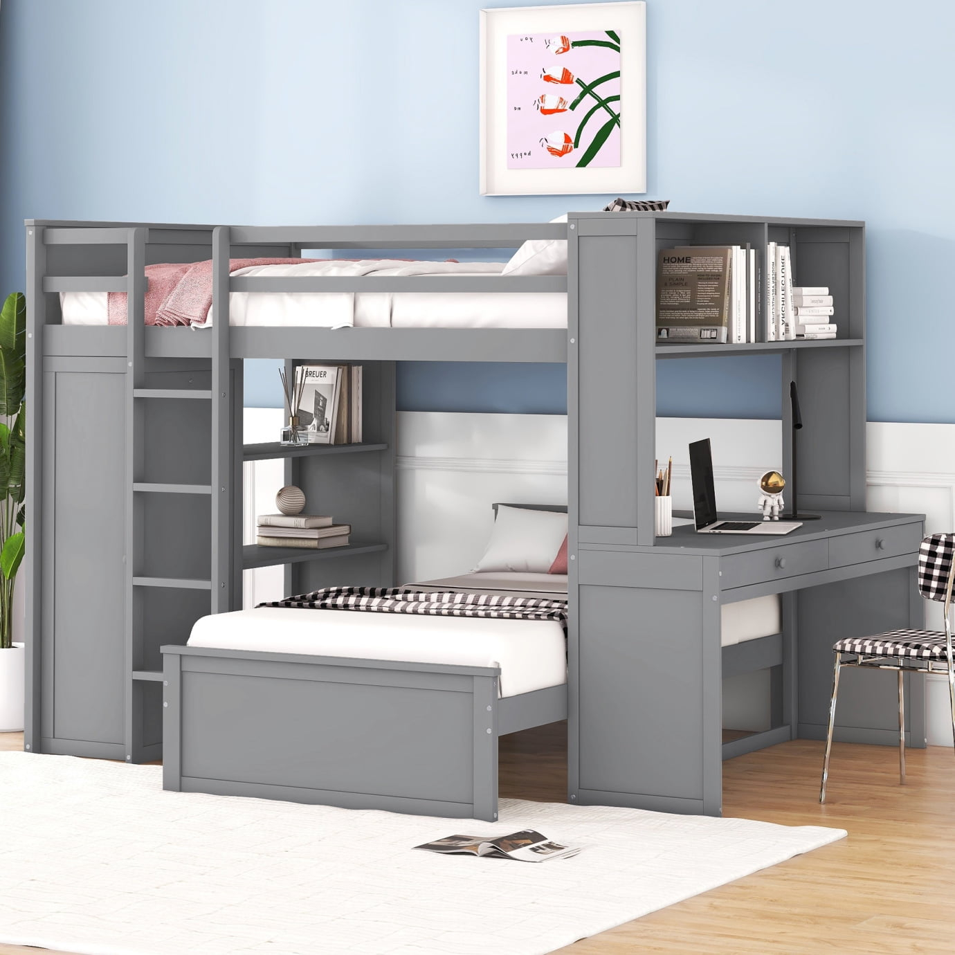 Full Over Twin Bunk Bed with Desk, Wardrobe and Storage Shelves, Loft Bed with A Stand-Alone Bed, Wooden Loft Bed Frame with Safety Guardrails & Slats Support, Bottom Bed Can Be Moved, Gray