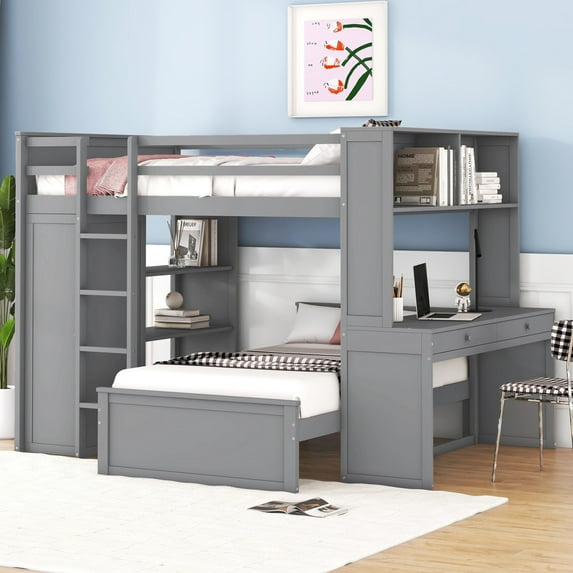Full Over Twin Bunk Bed with Desk, Wardrobe and Storage Shelves, Loft Bed with A Stand-Alone Bed, Wooden Loft Bed Frame with Safety Guardrails & Slats Support, Bottom Bed Can Be Moved, Gray