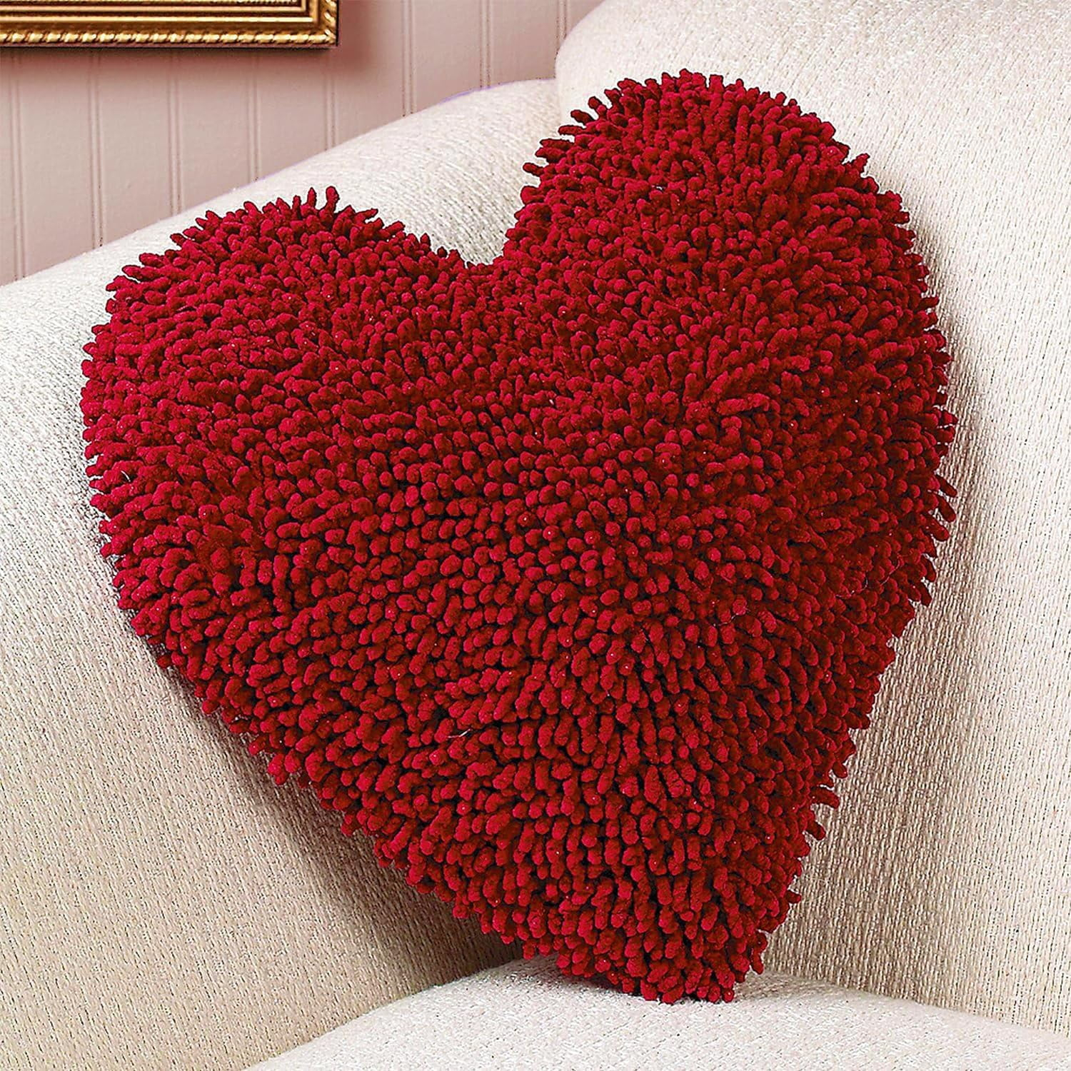 Fun Express 14 Inch Red Heart Shaped Chenille Pillow, Valentine's Day Home Décor