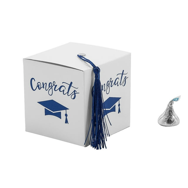 Fun Express Graduation Party White Favor Boxes with Blue Tassel - 25 Pc.