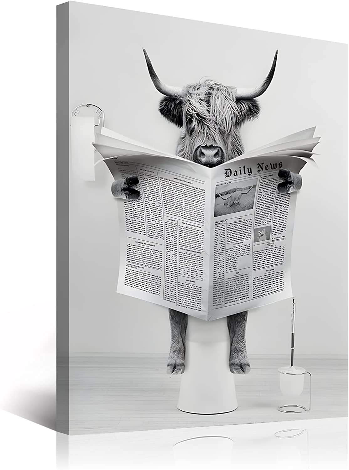 Funny Scottish Highland Cow Wall Art, Black and White Canvas, Rustic Farmhouse Style Decor Ready To Hang (8" W x 10" H)