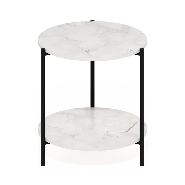 Furinno Besi 2-Tier Modern Round Side End Table with Sturdy Metal Legs, Marble White
