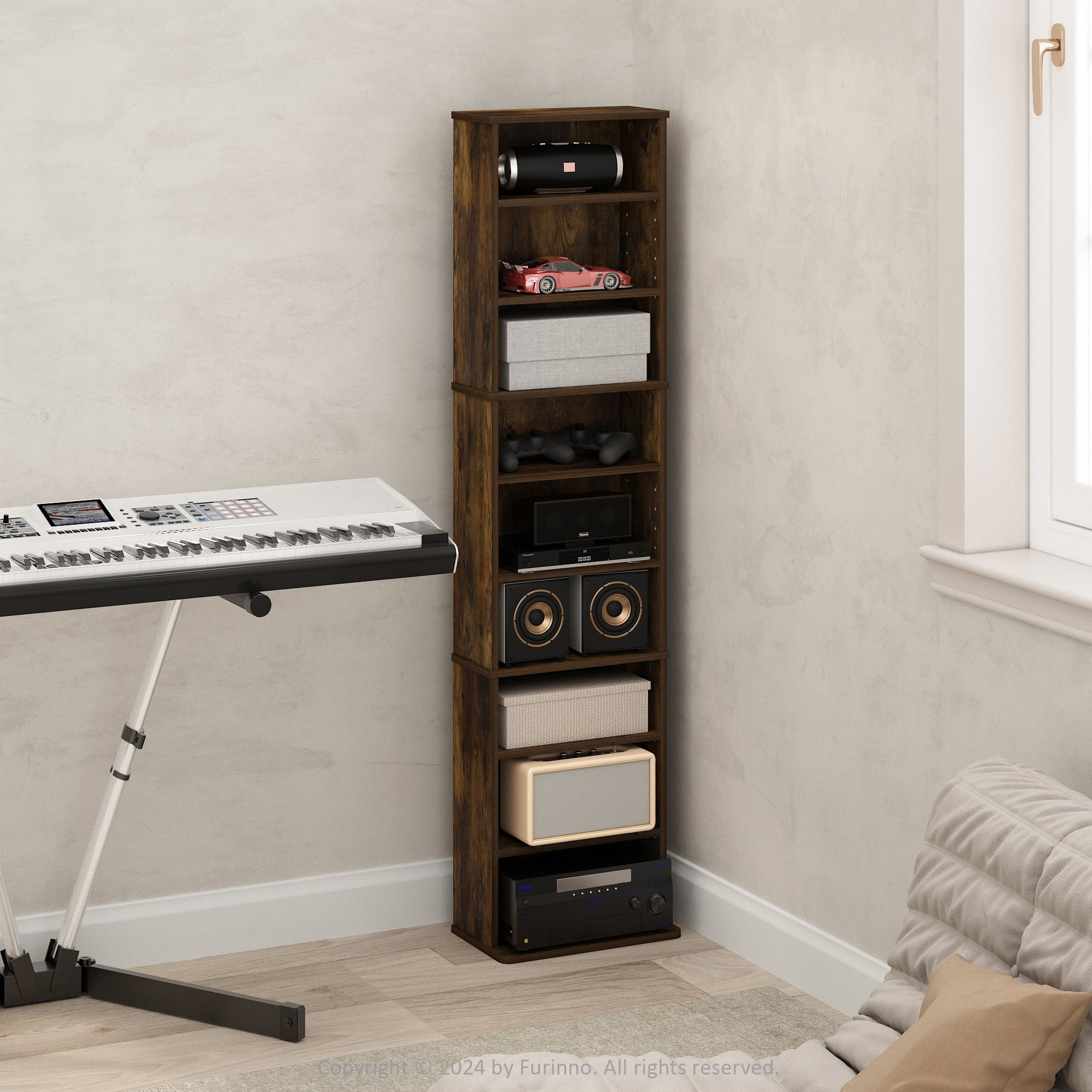 Furinno JAYA 9-Shelf Multimedia Media Storage Tower Rack with Adjustable Shelves, Amber Pine