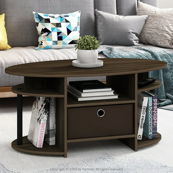Furinno JAYA Simple Design Oval Coffee Table with Bin, Columbia Walnut/Black/Dark Brown