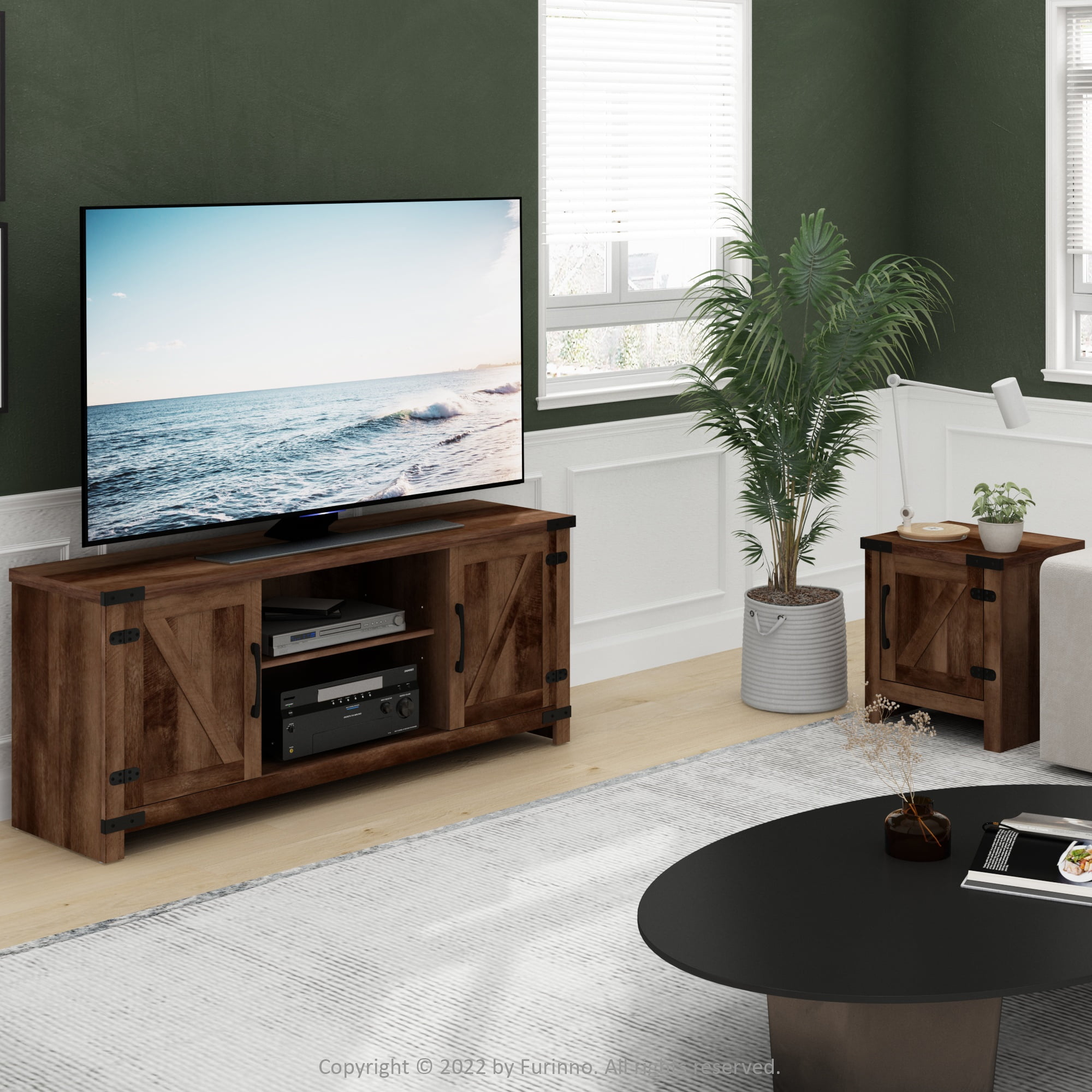 Furinno Jensen Farmhouse TV Cabinet with Barn Door for TV up to 70 Inch, Rustic Brown