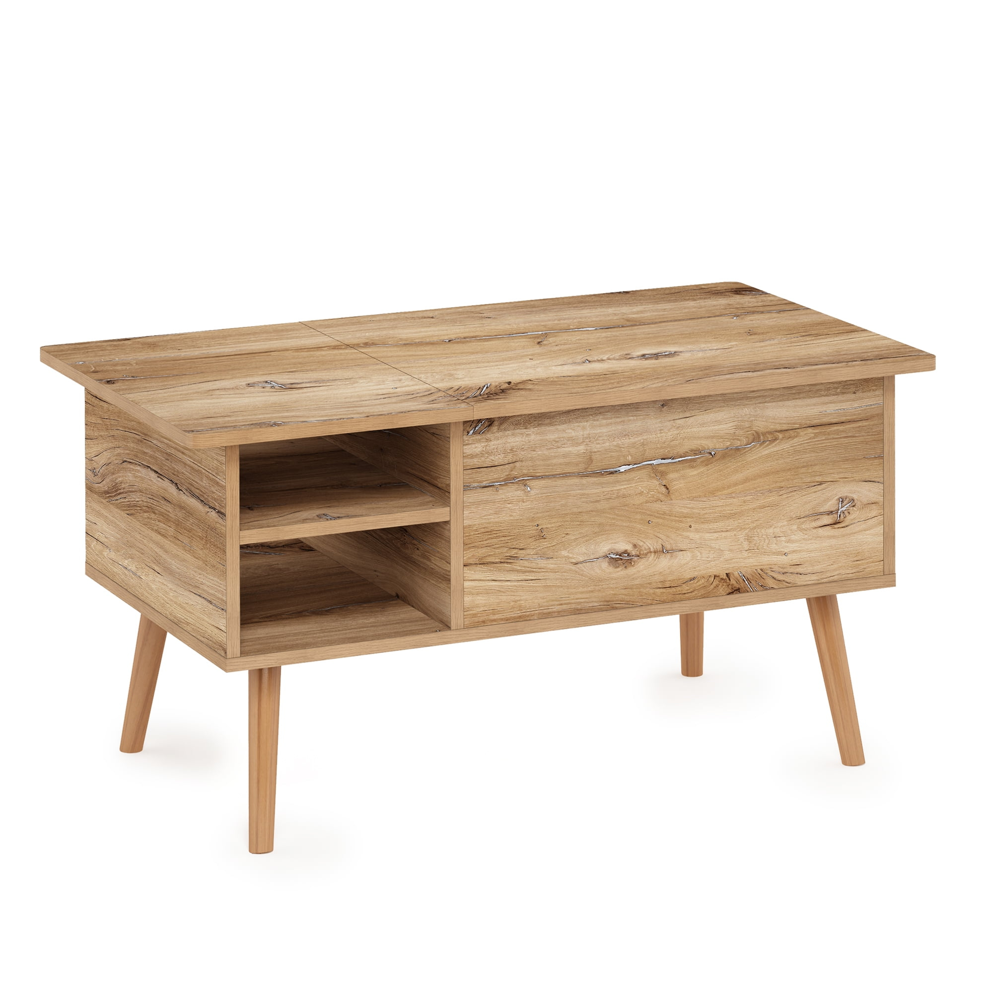 Furinno Jensen Wooden Leg Lift Top Coffee Table With Hidden Compartment and Side Open Storage Shelf for Living Room, Flagstaff Oak