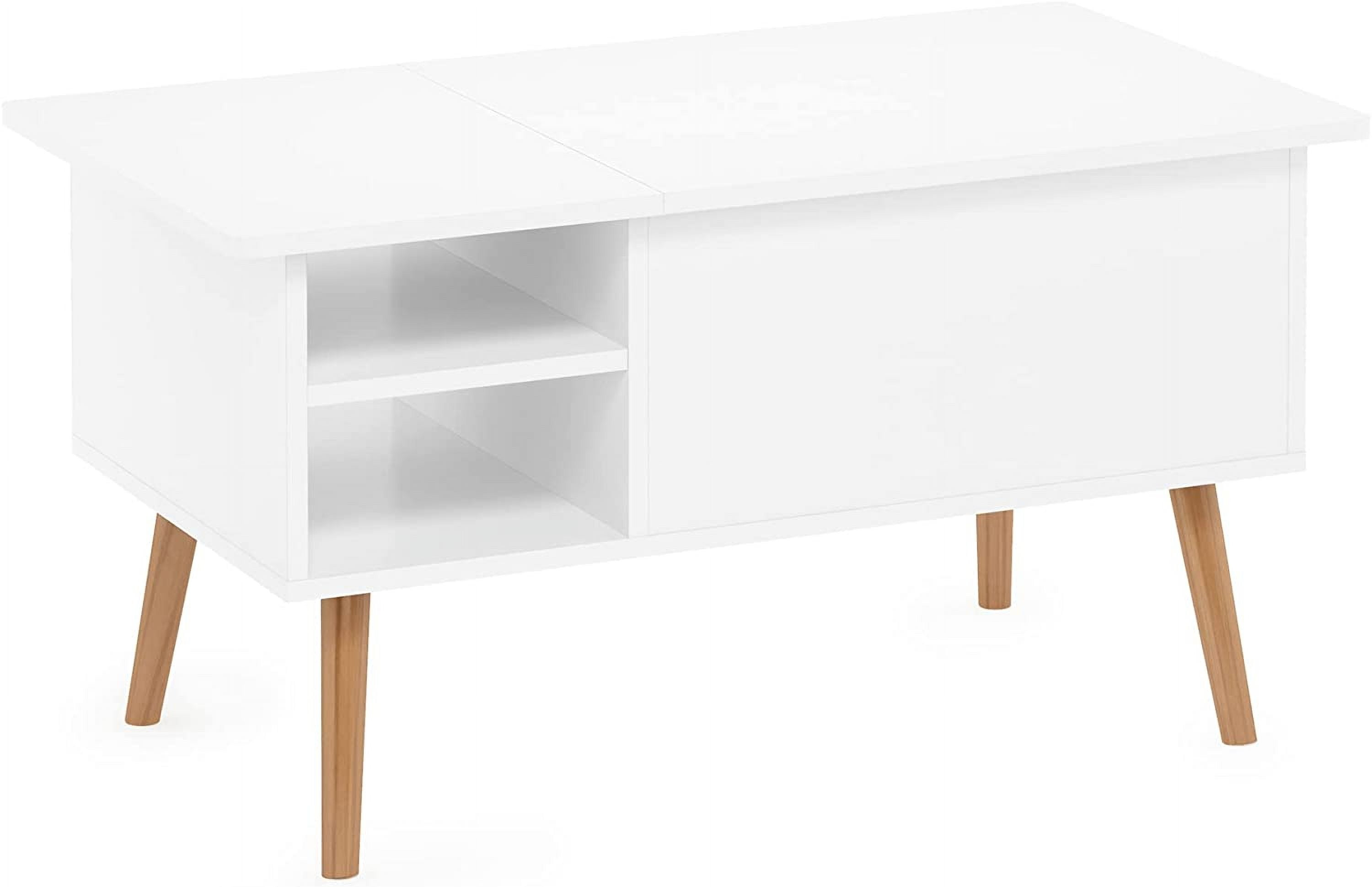 Furinno Jensen Wooden Leg Lift Top Coffee Table With Hidden Compartment and Side Open Storage Shelf for Living Room, Solid White