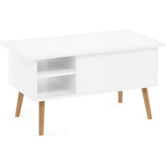 Furinno Jensen Wooden Leg Lift Top Coffee Table With Hidden Compartment and Side Open Storage Shelf for Living Room, Solid White