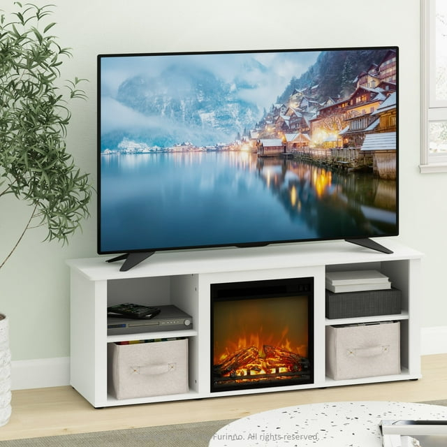 Furinno Montale 60 Inch TV Stand with Fireplace, Solid White
