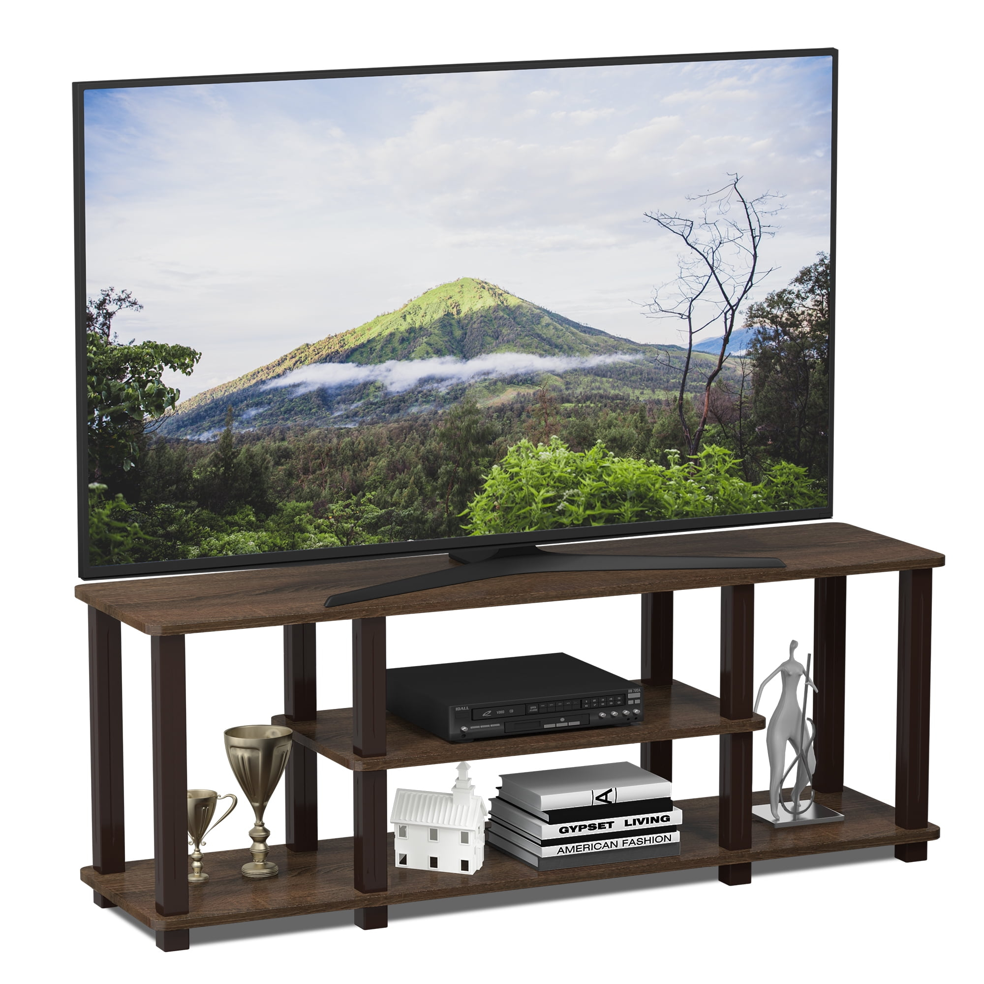 Furinno Turn-S-Tube No Tools 3D 3-Tier Entertainment TV Stands with Square Tube, Walnut/Brown, 18027WN/BR