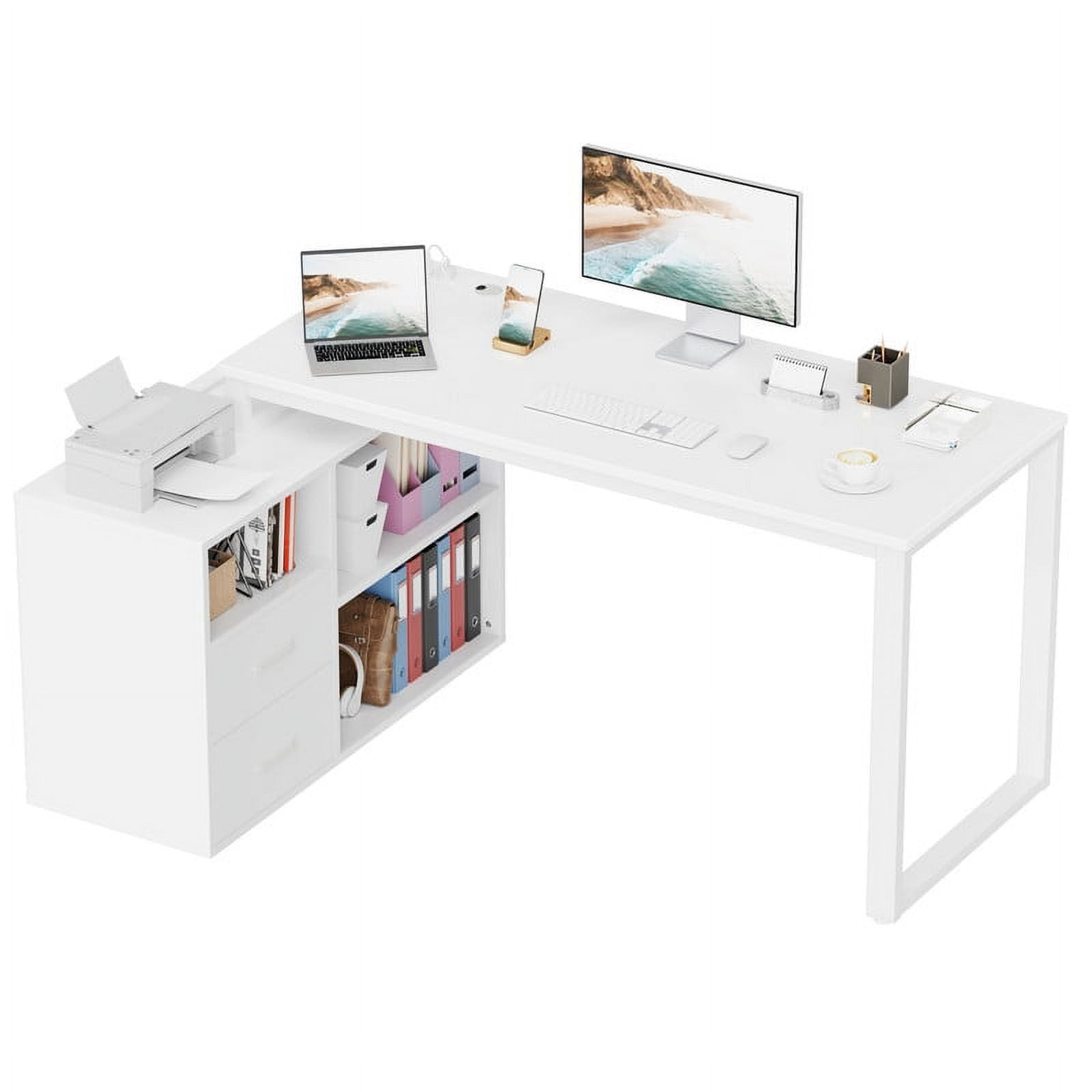 Furmax 55" L-Shaped Corner Computer Desk with File Cabinet, Power Outlet, Home Office Desk with 2 Drawers and 3 Storage Shelve, Workstation Executive Desk with Storage Shelf for Home Office, White