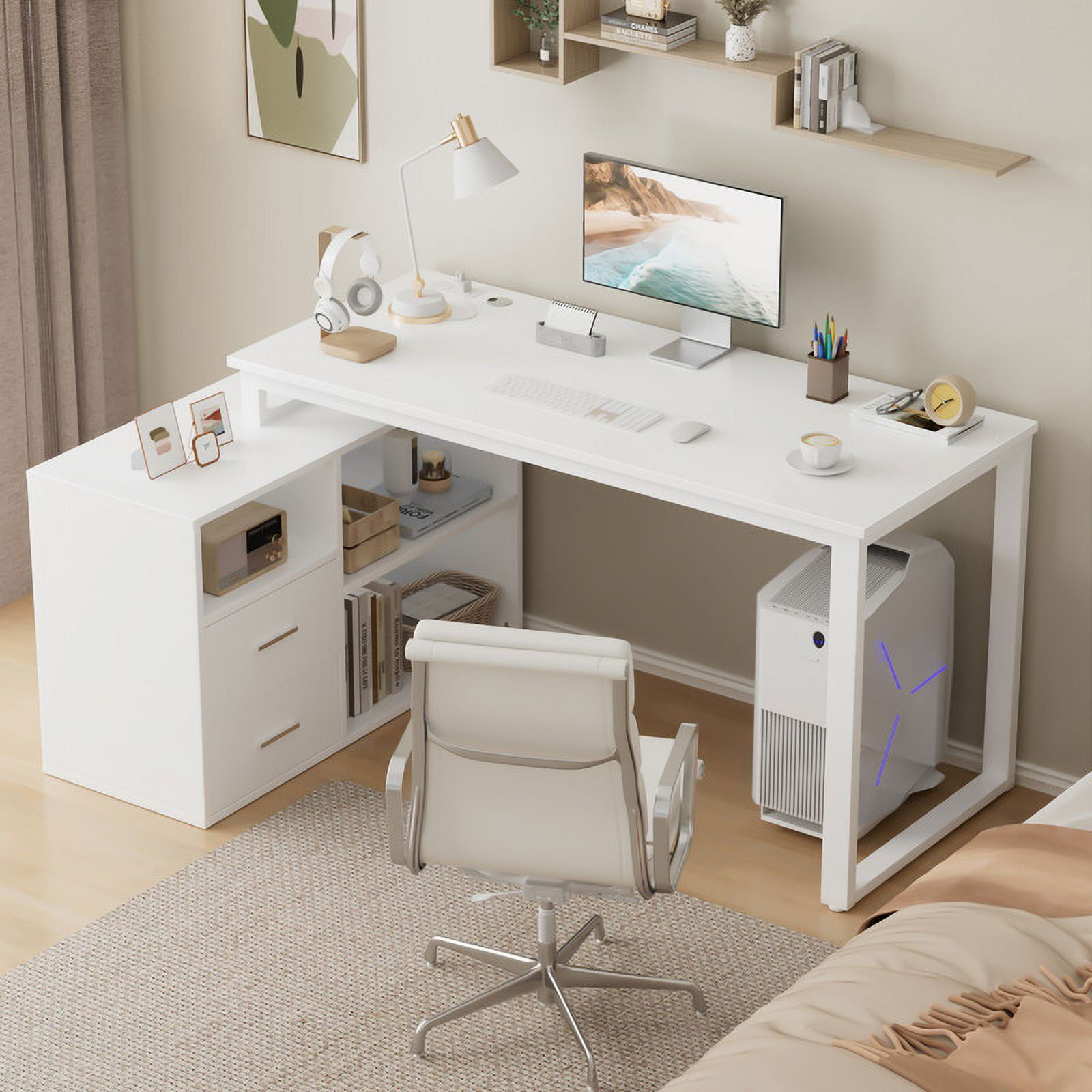 Furmax 55" L-Shaped Corner Computer Desk with File Cabinet, Power Outlet, Home Office Desk with 2 Drawers and 3 Storage Shelve, Workstation Executive Desk with Storage Shelf for Home Office, White