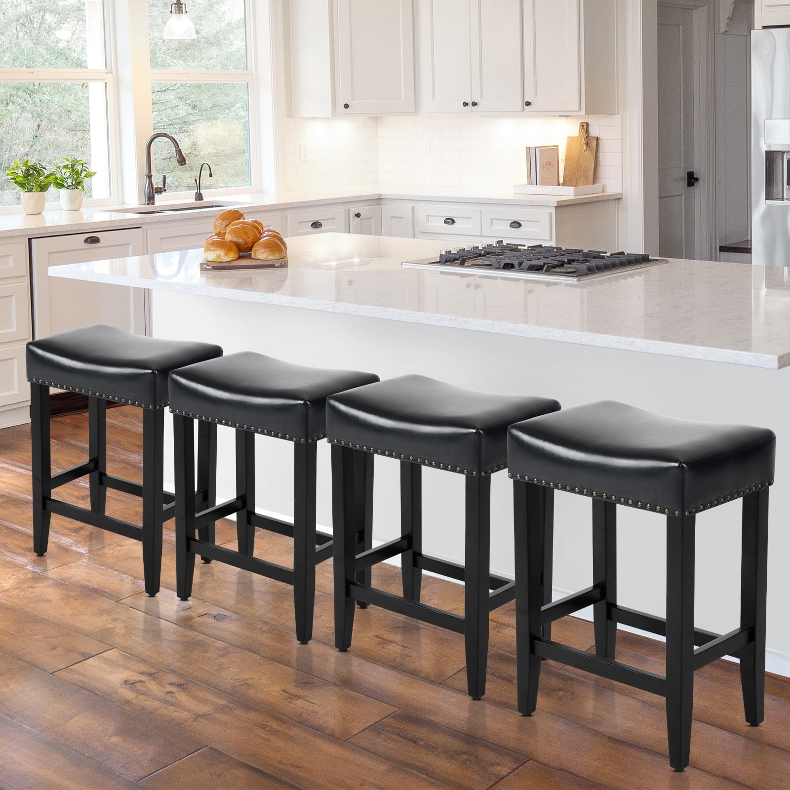 Furniliving 26" Backless Counter Stool Set of 4, Counter Height Bar Stools PU Saddle Stool, Black