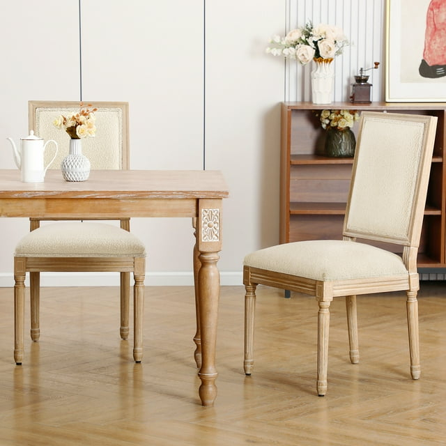 Furniliving French Country Dining Chairs Set of 2, Upholstered Farmhouse Dining Room Chairs, Sherpa Fabric Side Chairs for Kitchen Dining Room, White