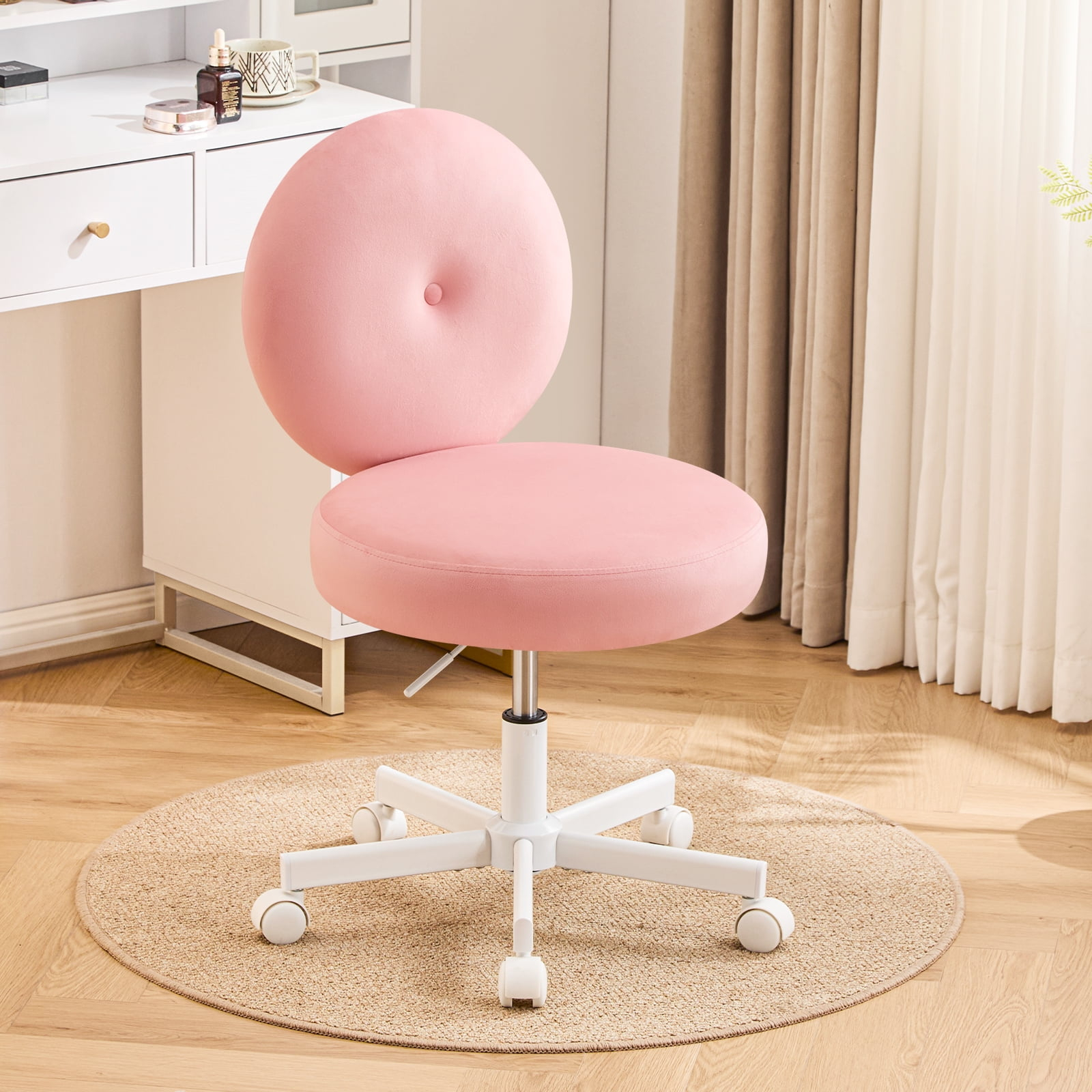Furniliving Home Office Desk Chair with Wheels,Criss Cross Legged Wide Chair Armless Height Adjustable Chair with Mid Back Swivel Accent Vanity Chairs,Linen-Beige