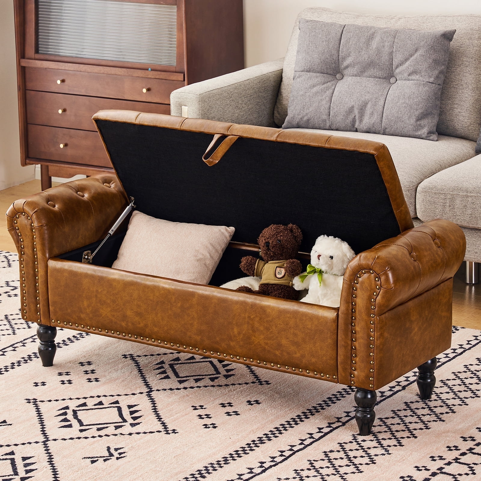 Furniliving Storage Ottoman Bench with Arms Button Tufted End of Bed Bench Large Storage Bench for Bedroom, Entryway, YellowBrown